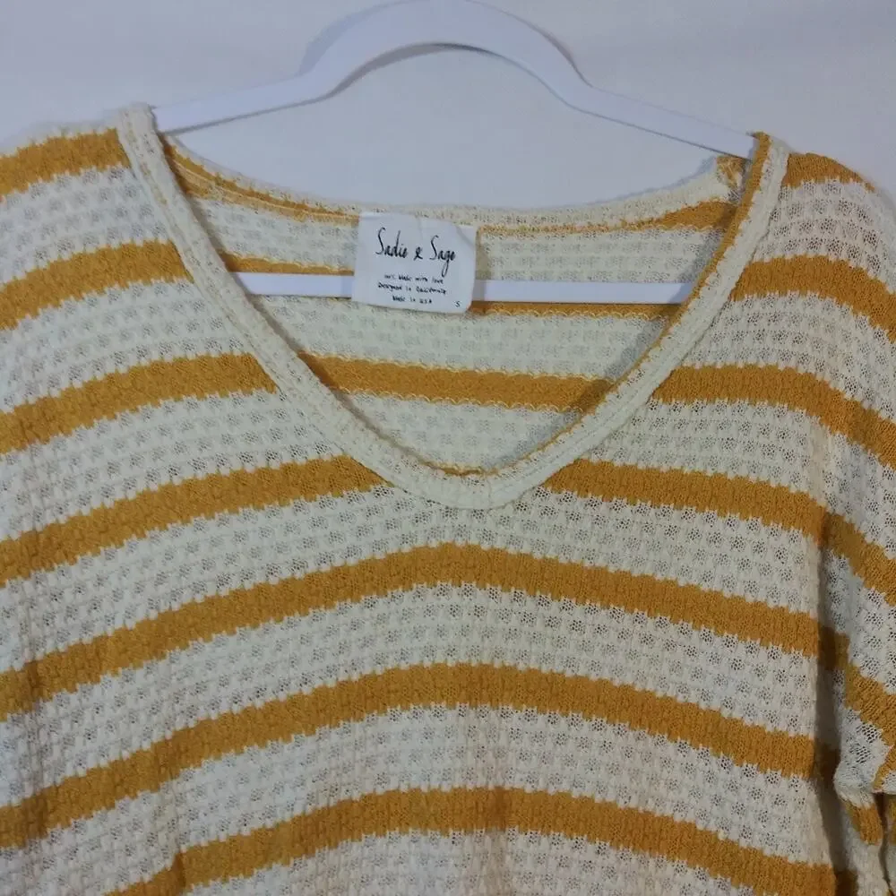 Sadie & Sage Yellow Stripe V Neck Knit Sweater Top Size Small